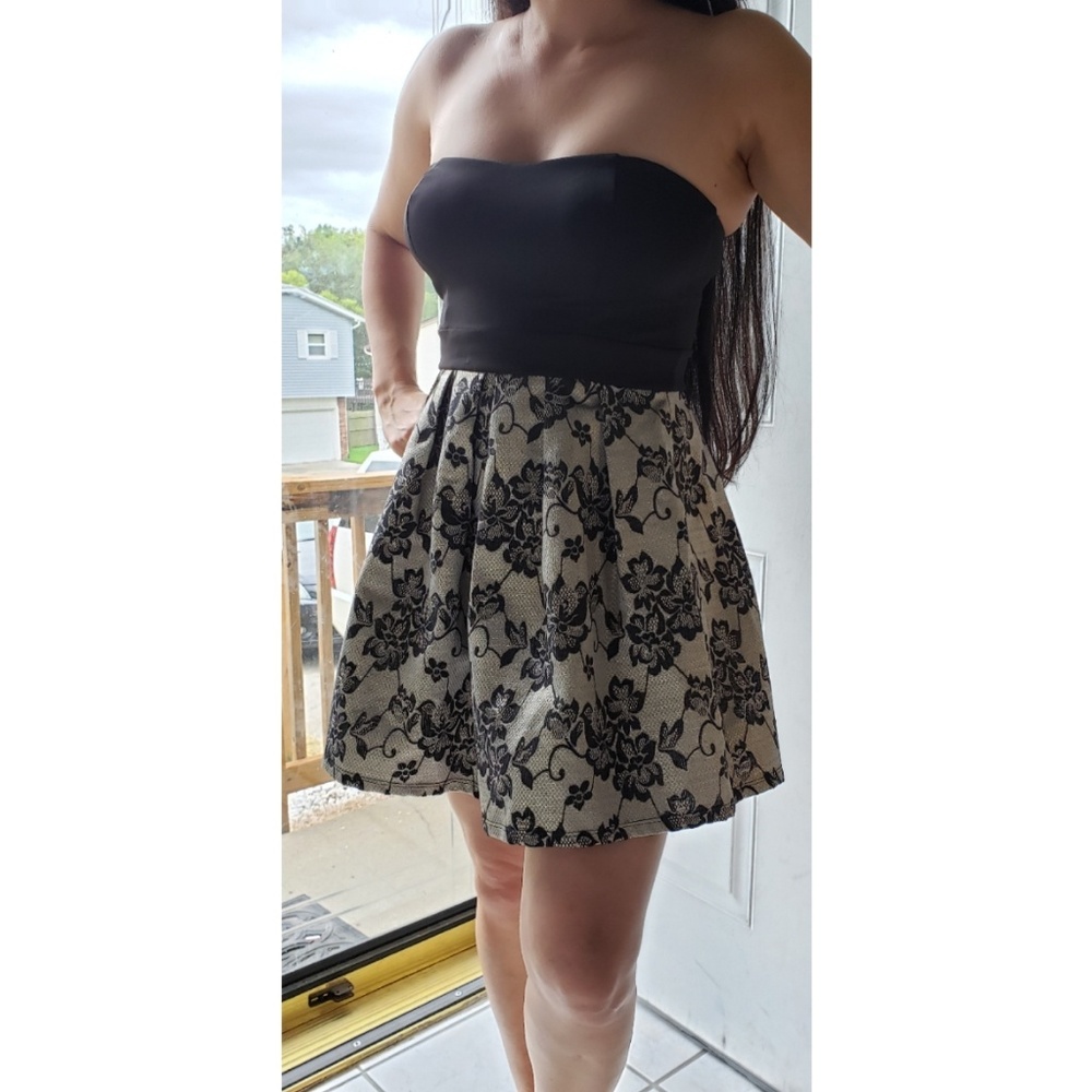Black and Gold brocade strapless dress